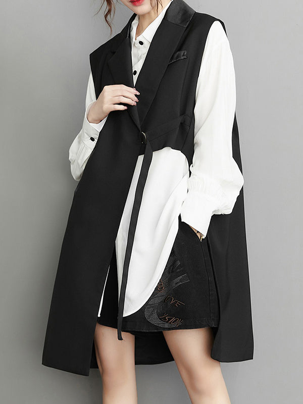 xakxx Sleeveless Asymmetric Pockets Tied Notched Collar Vest Outerwear