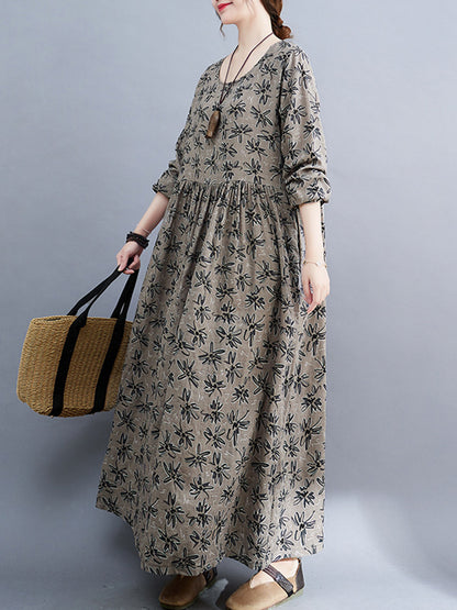 xakxx Artistic Retro Long Sleeves Loose Floral Printed Round-Neck Midi Dresses
