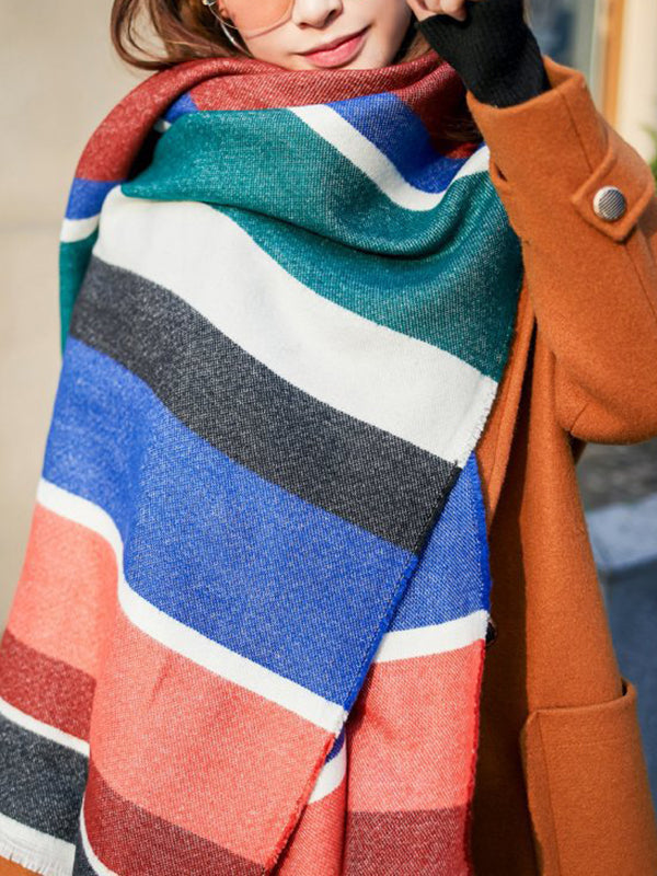 xakxx Contrast Color Fringed Keep Warm Multi-Colored Striped Shawl&Scarf