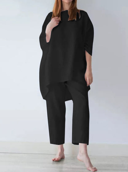 xakxx Casual Loose Long Sleeves Solid Color T-Shirt Top&Pants Two Pieces Set