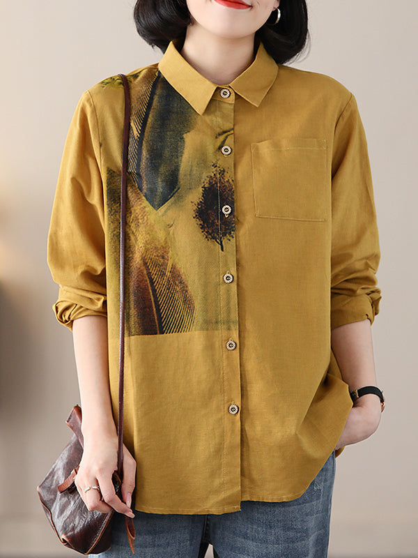 xakxx Long Sleeves Loose Contrast Color Feathers Printed Lapel Blouses
