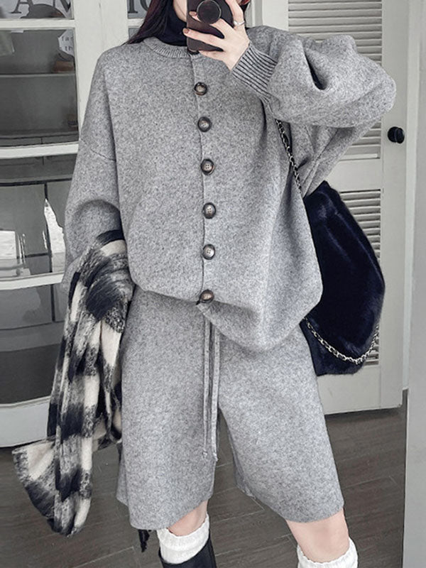 xakxx Long Sleeves Loose Buttoned Round-Neck Sweater Top + Drawstring Shorts Bottom Two Pieces Set
