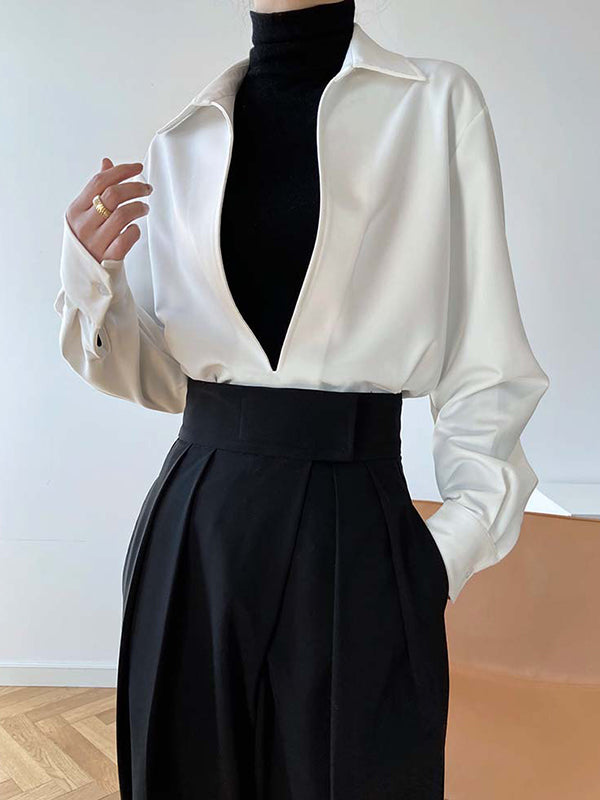 xakxx Long Sleeves Loose Solid Color Lapel Blouses