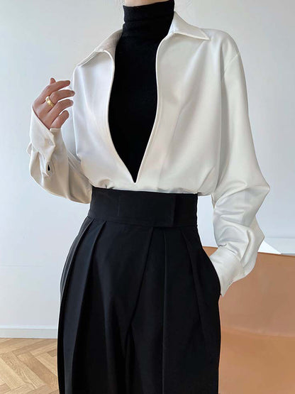 xakxx Long Sleeves Loose Solid Color Lapel Blouses