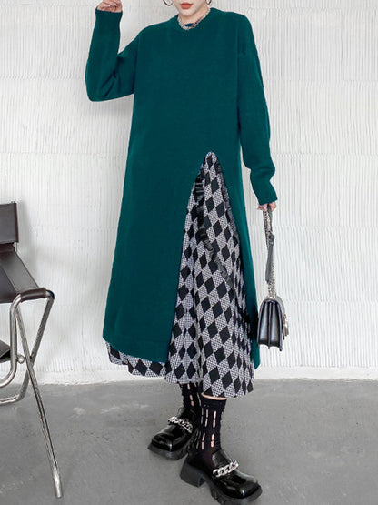 xakxx Long Sleeves Loose Solid Color Split-side Round-neck Sweater Tops