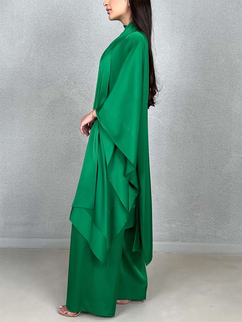 xakxx Batwing Sleeves Loose Solid Color Stand Collar T-Shirt Tops&Pants Two Pieces Set