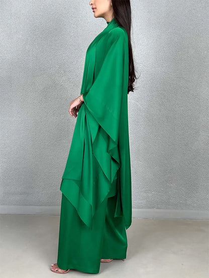 xakxx Batwing Sleeves Loose Solid Color Stand Collar T-Shirt Tops&Pants Two Pieces Set