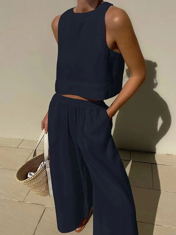 xakxx Solid Color Round-Neck Sleeveless Vest + Elasticity Wide Leg Pants Two Pieces Set