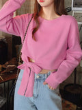 xakxx High Waisted Long Sleeves Asymmetric Bowknot Hollow Solid Color Round-Neck Sweatshirt Tops