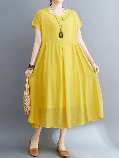 xakxx Loose Short Sleeves Solid Color Split-Joint Round-Neck Midi Dresses
