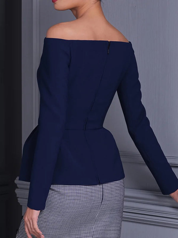 xakxx Long Sleeves Skinny Buttoned Solid Color Off-The-Shoulder Blouses&Shirts Tops