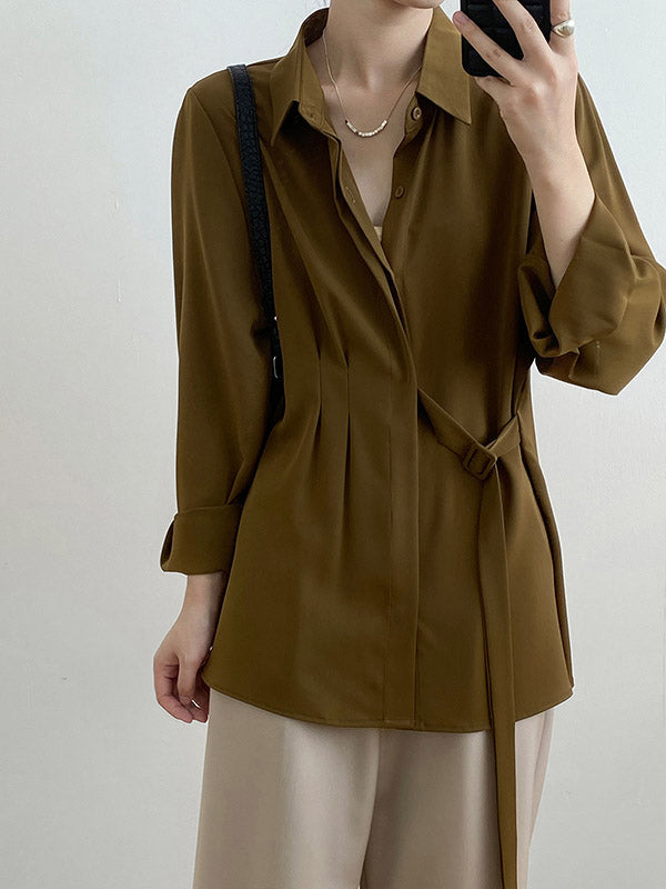 xakxx Office Loose Long Sleeves Lace-Up Solid Color Lapel Blouses