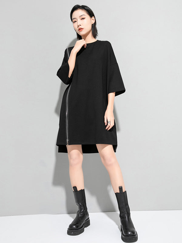 xakxx Original Black Zipper Batwing Sleeve Round-Neck Mini Dress