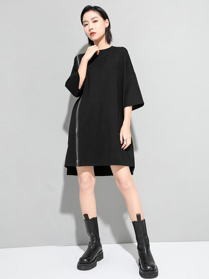 xakxx Original Black Zipper Batwing Sleeve Round-Neck Mini Dress
