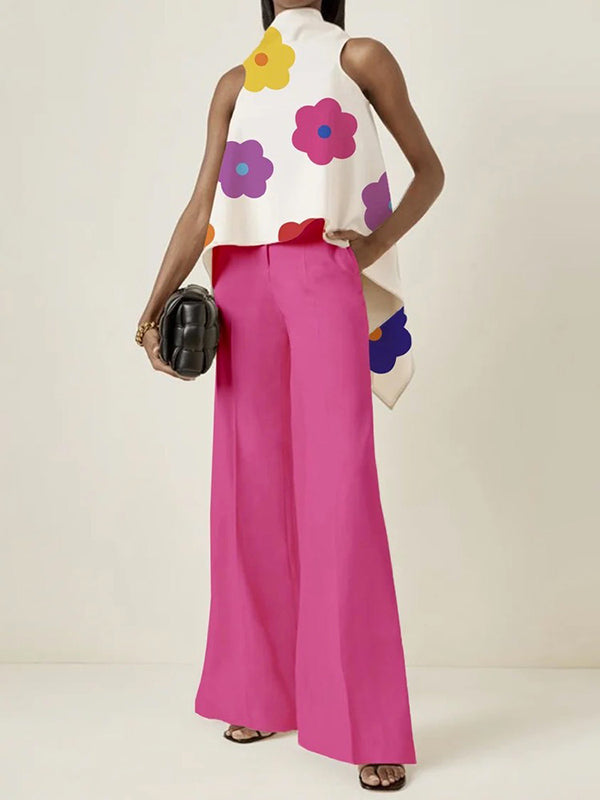 xakxx High-Low Loose Floral Printed High-Neck Vest Top