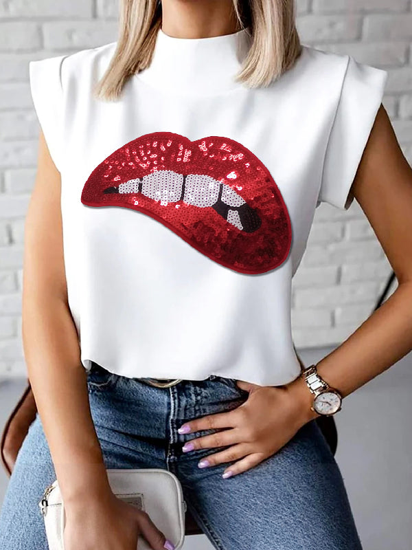 xakxx Cap Sleeve Loose Lip Applique Embroidered Figure High-Neck T-Shirts Tops