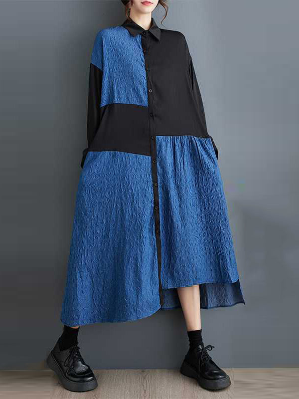 xakxx High-Low Long Sleeves Asymmetric Buttoned Split-Joint Lapel Midi Dresses