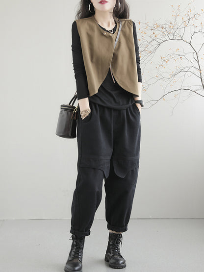 xakxx Artistic Retro Loose Sleeveless Solid Color Round-Neck Vest Outerwear
