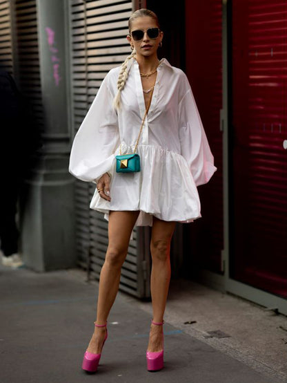 xakxx Urban Puff Sleeves Buttoned Split-Joint Solid Color Lapel Mini Dresses Shirt Dress