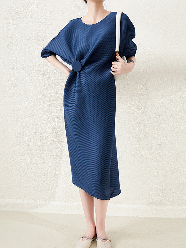 xakxx Stylish Irregularity Loose Pleated Solid Color Round-Neck Midi Dresses
