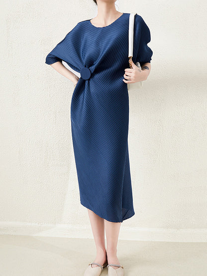 xakxx Stylish Irregularity Loose Pleated Solid Color Round-Neck Midi Dresses