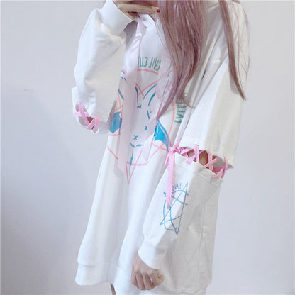Alt Girl Hoodies Women Black Goth Bunny Pentacle Print Oversized Lace-up Sleeve Hooded Sweatshirts Harajuku e-girl Aesthetic /