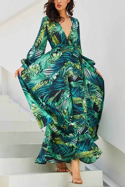 Xakxx V-Neck Leaf Print Maxi Dress