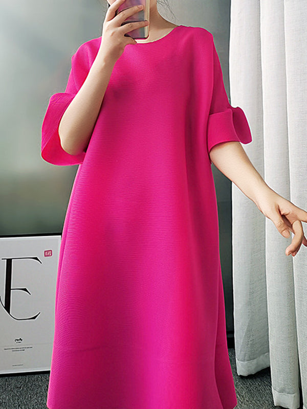 xakxx Stylish Selection Flared Sleeves A-Line Pleated Solid Color Round-Neck Midi Dresses