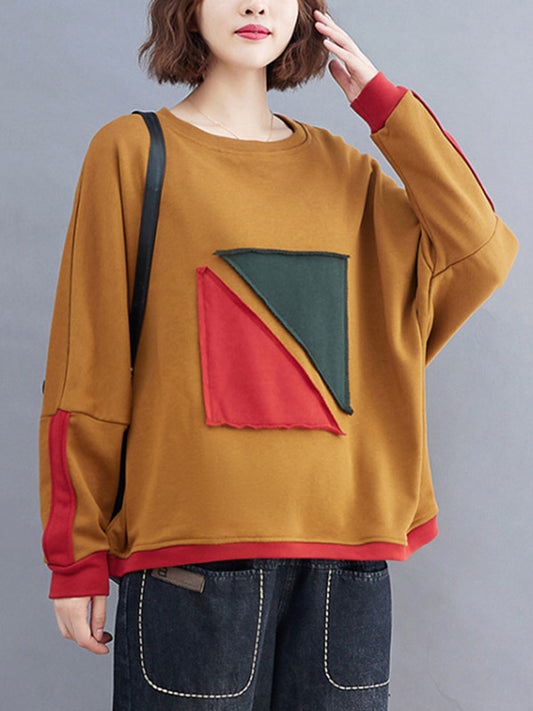 xakxx Artistic Retro Loose Triangle Applique Contrast Color Round-Neck Long Raglan Sleeves Sweatshirt