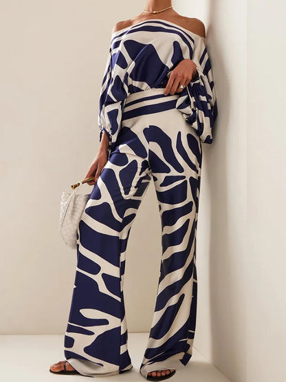 xakxx Printed Off-The-Shoulder Top + Wide Leg  Pants Two Pieces Set