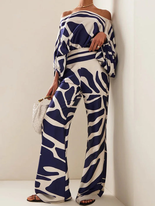 xakxx Printed Off-The-Shoulder Top + Wide Leg  Pants Two Pieces Set