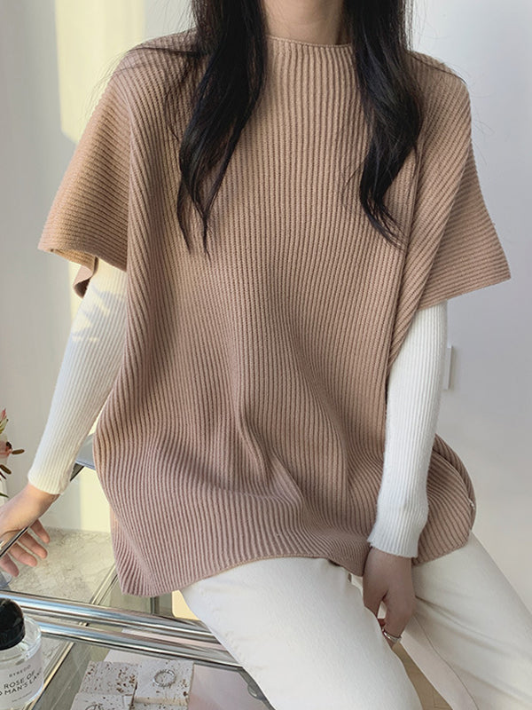 xakxx Casual Loose Short Sleeves Solid Color Round-Neck Sweater Tops Vest Top