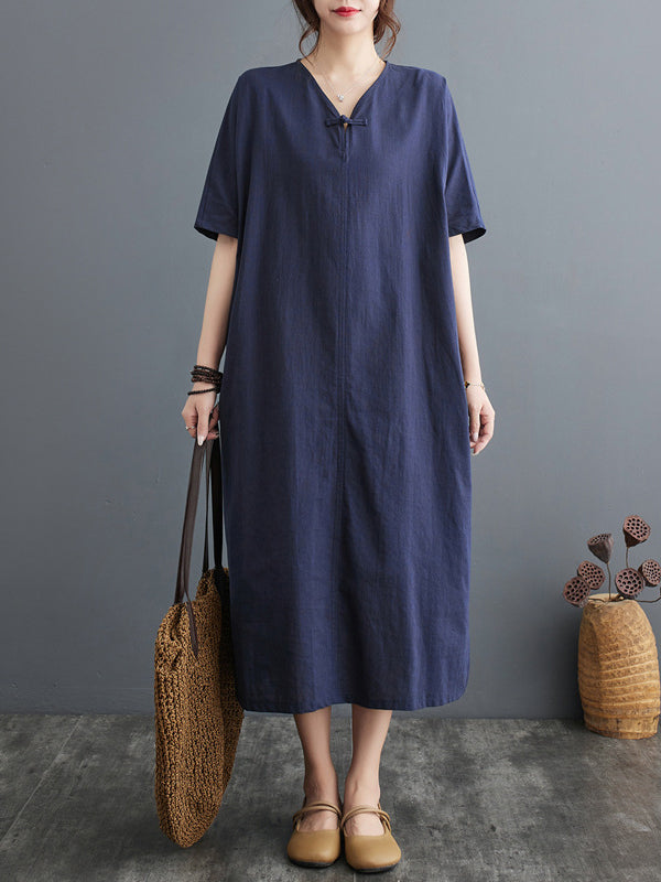 xakxx A-Line Loose Chinese Frog Buttons Pockets Solid Color Split-Side V-Neck Midi Dresses