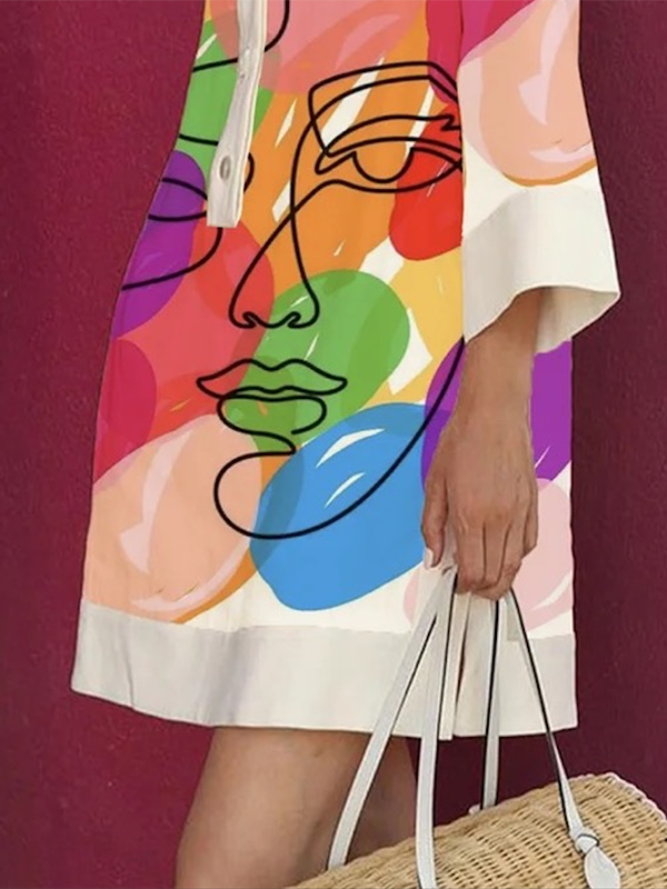 xakxx Loose Three-Quarter Sleeves Buttoned Contrast Color Figure Printed Lapel Collar Mini Dresses