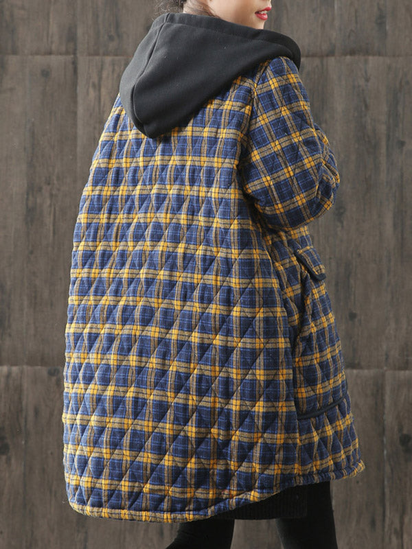 xakxx Vintage Loose Plaid Quilted Hooded Padded Coat