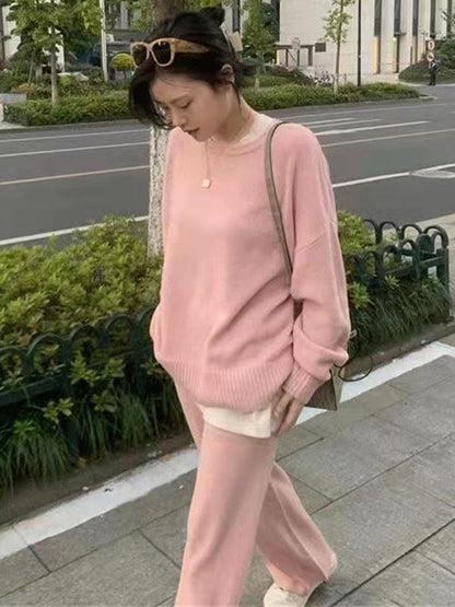 xakxx xakxx-Casual Loose Solid Color Round-Neck Sweater Tops & Wide Leg Pants Suits