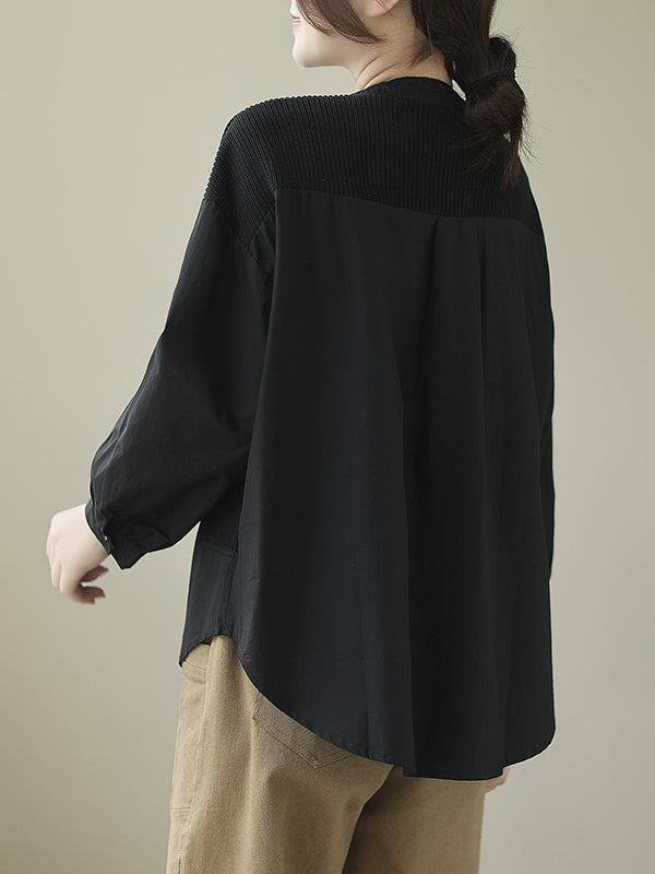xakxx Vintage Long Sleeves Loose Split-Joint Round-Neck Blouses&Shirts Tops