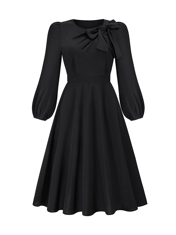 xakxx A-Line Long Sleeves Asymmetric Bowknot Elasticity Solid Color Round-Neck Midi Dresses