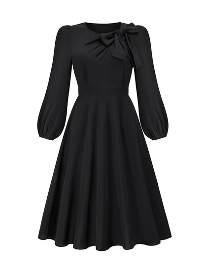 xakxx A-Line Long Sleeves Asymmetric Bowknot Elasticity Solid Color Round-Neck Midi Dresses