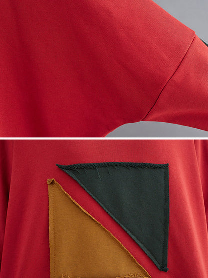 xakxx Artistic Retro Loose Triangle Applique Contrast Color Round-Neck Long Raglan Sleeves Sweatshirt