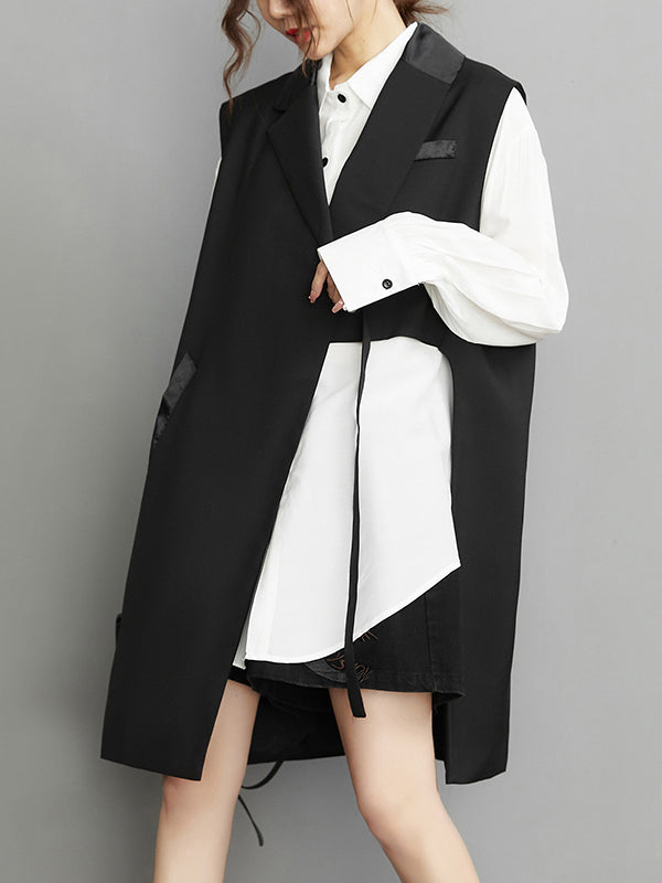 xakxx Sleeveless Asymmetric Pockets Tied Notched Collar Vest Outerwear