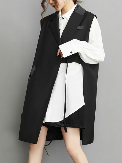 xakxx Sleeveless Asymmetric Pockets Tied Notched Collar Vest Outerwear