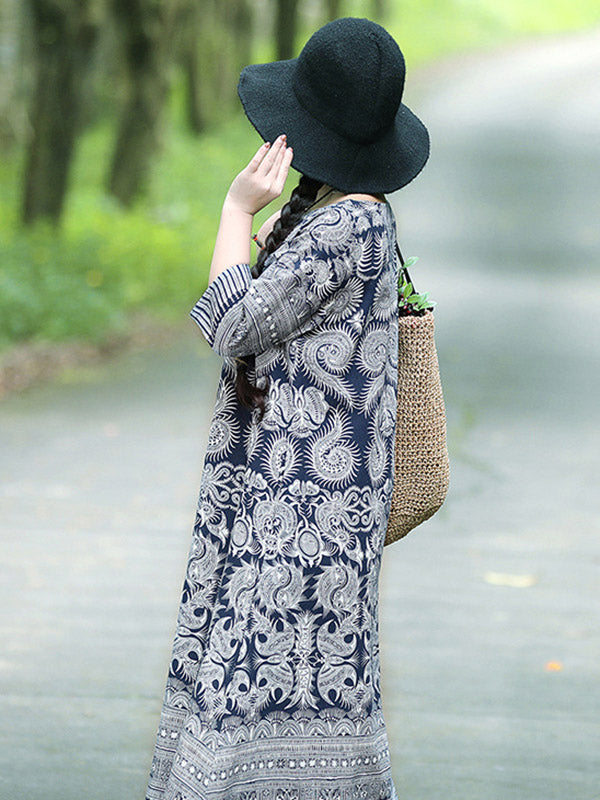 xakxx Vintage Cotton Blend Printing Midi Dresses