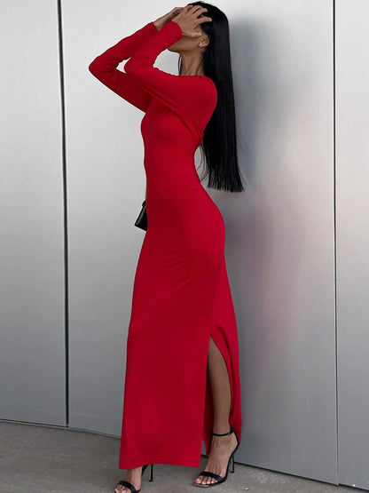 xakxx Bodycon Long Sleeves Solid Color Split-Side Round-Neck Maxi Dresses