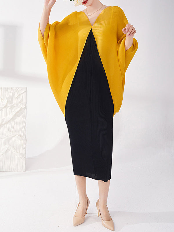 xakxx Batwing Sleeves Loose Contrast Color Pleated Round-Neck Midi Dresses