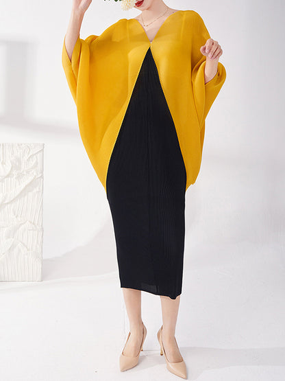 xakxx Batwing Sleeves Loose Contrast Color Pleated Round-Neck Midi Dresses