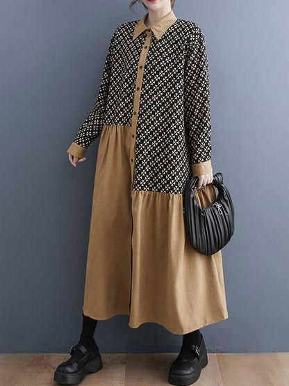 xakxx A-Line Long Sleeves Asymmetric Buttoned Pleated Printed Split-Joint Lapel Midi Dresses