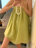 xakxx Loose Sleeveless Pleated Solid Color Spaghetti-Neck Mini Dresses Slip Dress