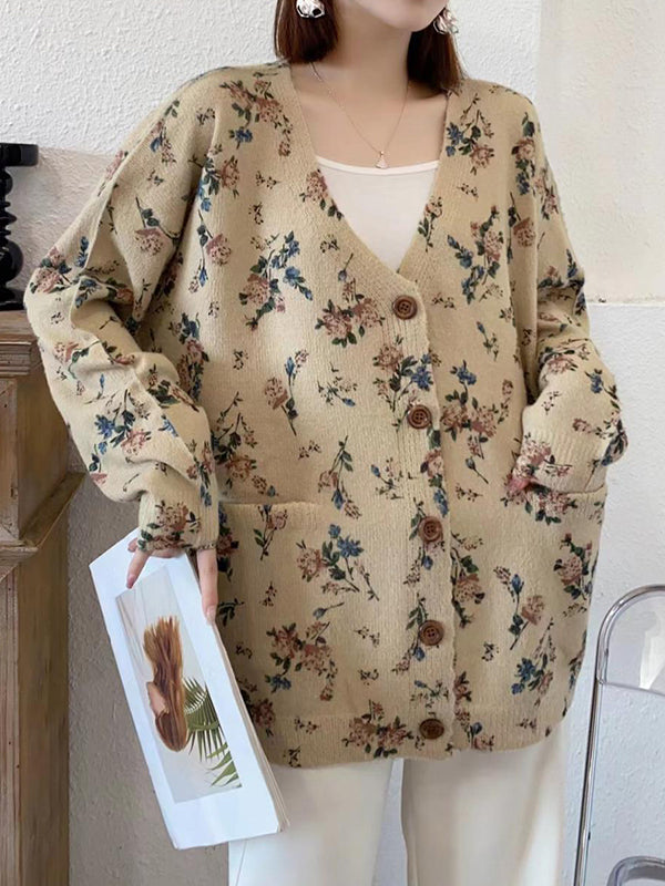 xakxx Long Sleeves Loose Buttoned Knitted Flower Pockets V-Neck Cardigan Tops