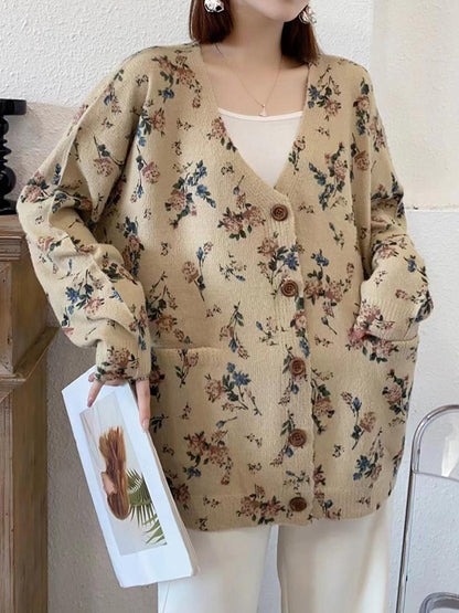 xakxx Long Sleeves Loose Buttoned Knitted Flower Pockets V-Neck Cardigan Tops
